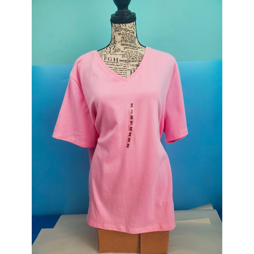 Croft & Barrow Women 2X Pink Top Short Sleeve V-Neck Stretch T-Shirt Plus